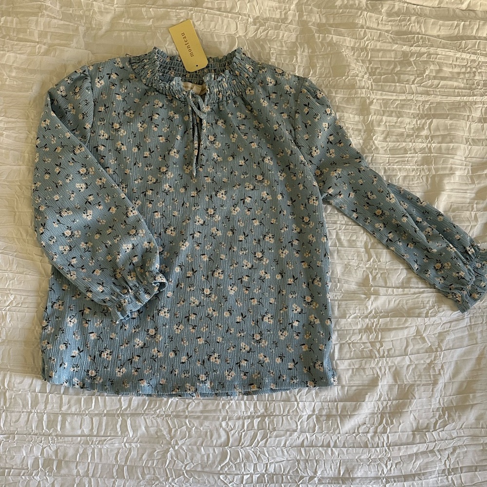 Monteau Blue Floral Long Sleeve Blouse